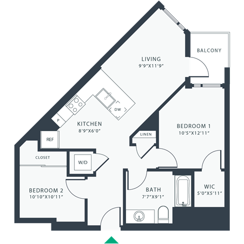 Floor plan for 2 beds, 1 bath, 819 sqft